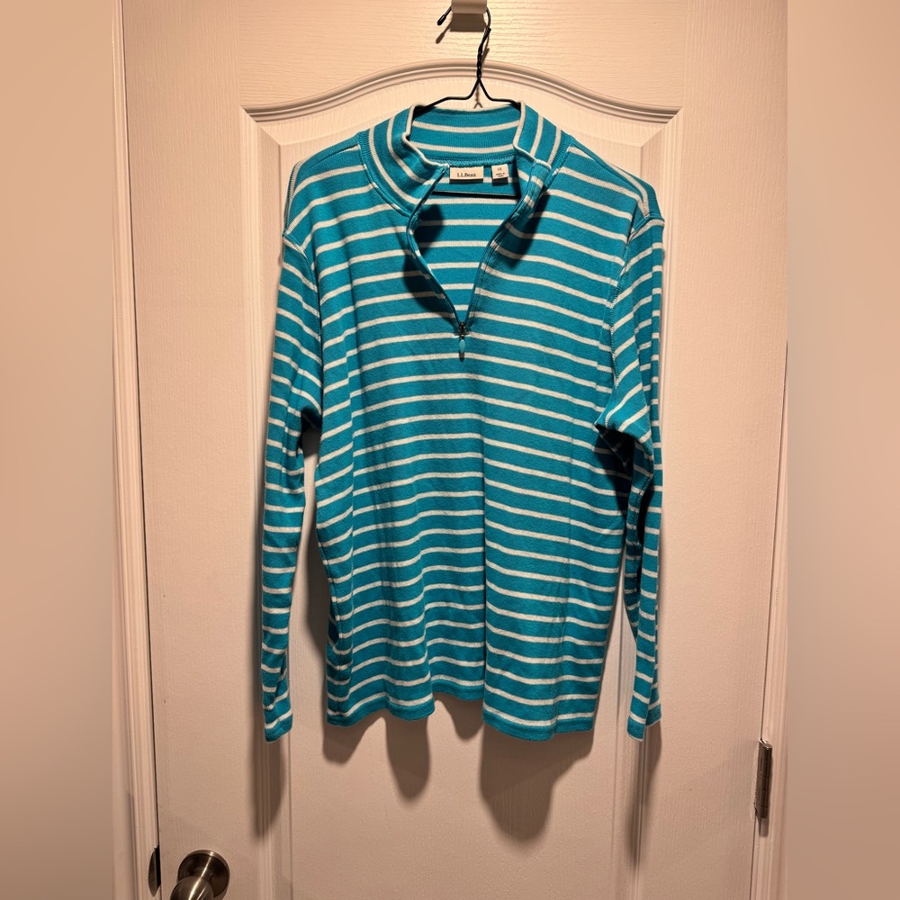B- LL bean blue and white stripped 1/4 zip top